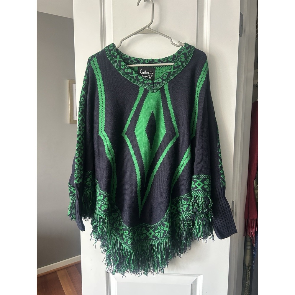 Fantastic Fawn Women's Poncho Sweater Knit Wool Blend Fray Green Blue Size Small